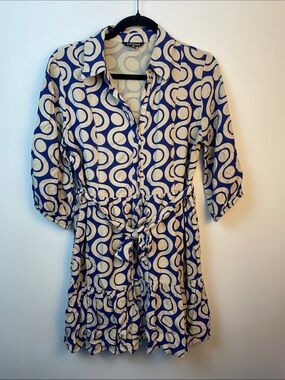 Belted Navy and Cream Button-Front Shirt Dress